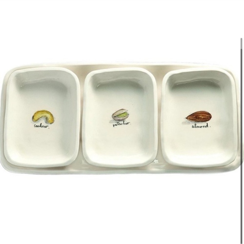 NWOT Rare Rae Dunn Snack Nuts Olive Party Plater Plate Dishes Tray 4 pc Set Gift - Picture 2 of 2